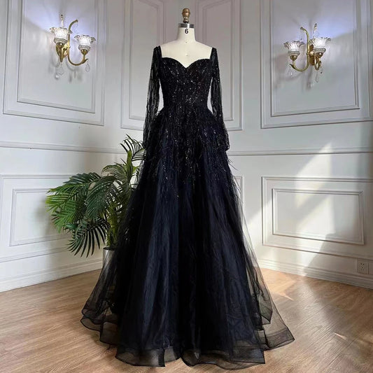 Serene Hill Arabic Red Elegant A Line For Women Long Sleeves Evening Dress Luxury Beaded Handmade Feathers 2024 LA71468