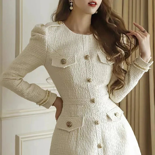 Temperament Small Fragrant Style Round Neck Slim Fitting Coarse Tweed Dress for Women's Spring New Short Elegant Dresses