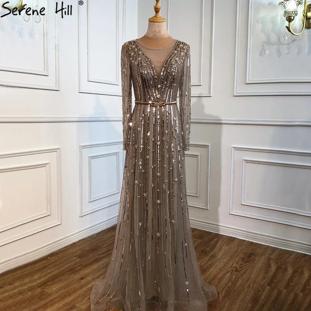 Serene Hill Muslim Gold A-Line Luxury Evening Dresses Gowns 2022 Sparkle Beaded Long Sleeves Sexy For Women Party GLA70674