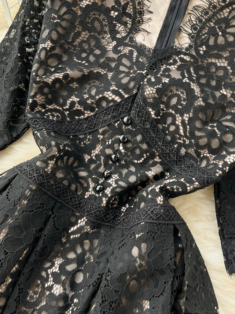 FTLZZ New Summer Elegant Women V-neck Short Sleeve Midi Dress Vintage Lady Lace Hollow Out Dress Empire Slim Party Dress