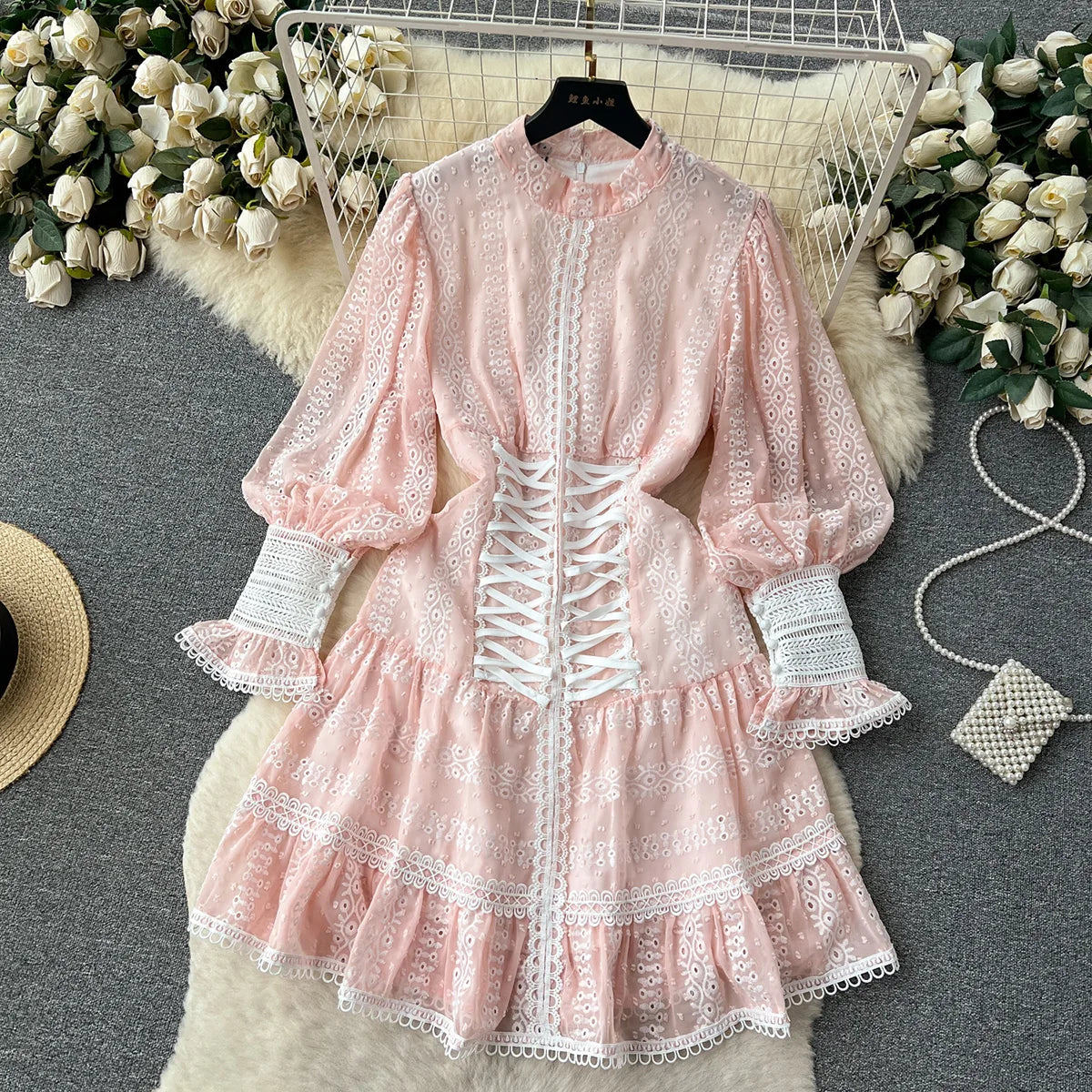 Dresses For Women 2023 Luxury Fashion Waist Lace Up Embroidery Dress Spring Long Sleeve Elegant Wedding Guest Party Mini Dress