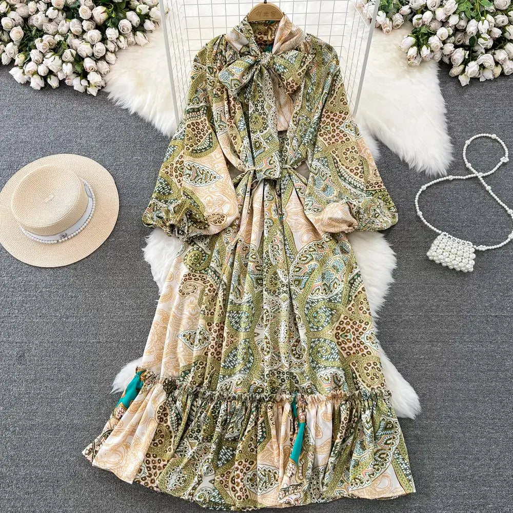 Women Casual A-Line Vintage Floral Long Dress Autumn Elegant Chic Party Boho Maxi Dresses Beach Holiday Female Vestidos New