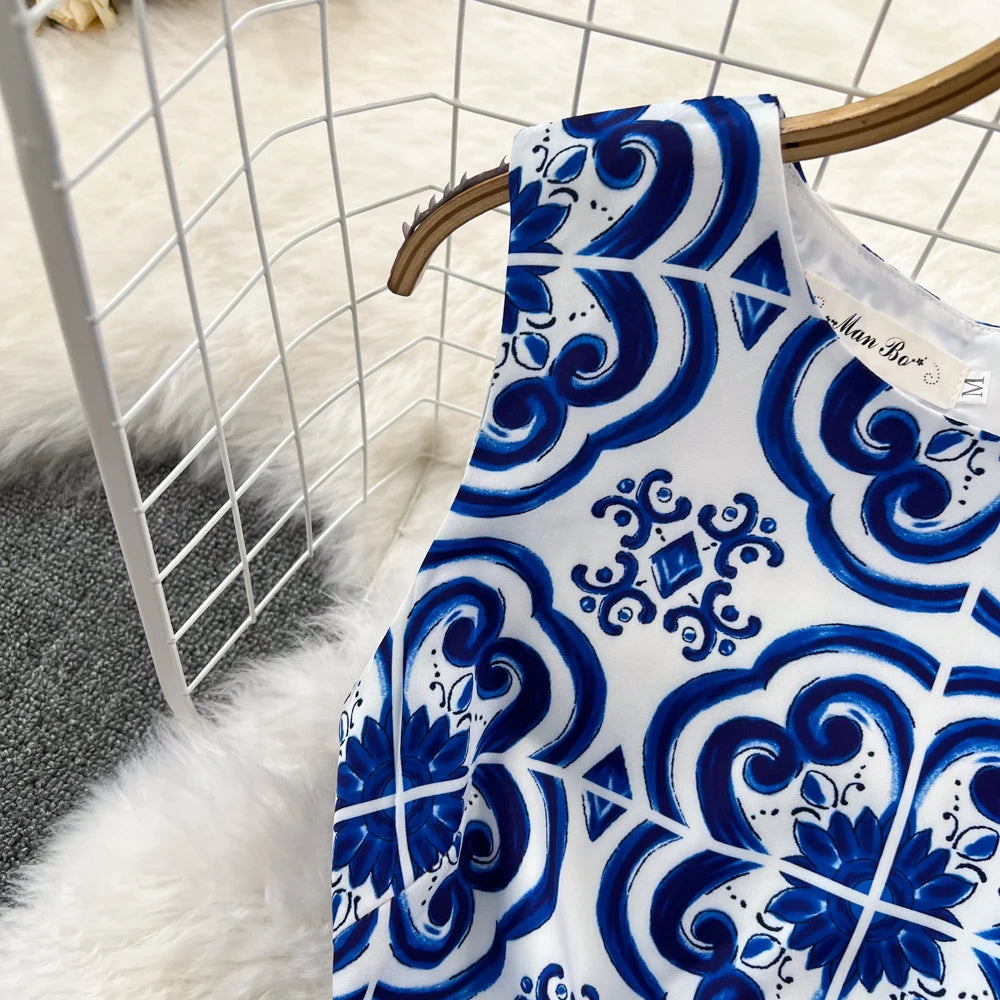 Short Dresses 2023 Fashion Women Clothing Elegant Vintage Print Party Dress Summer Sleeveless Round Neck A Line Mini Dress