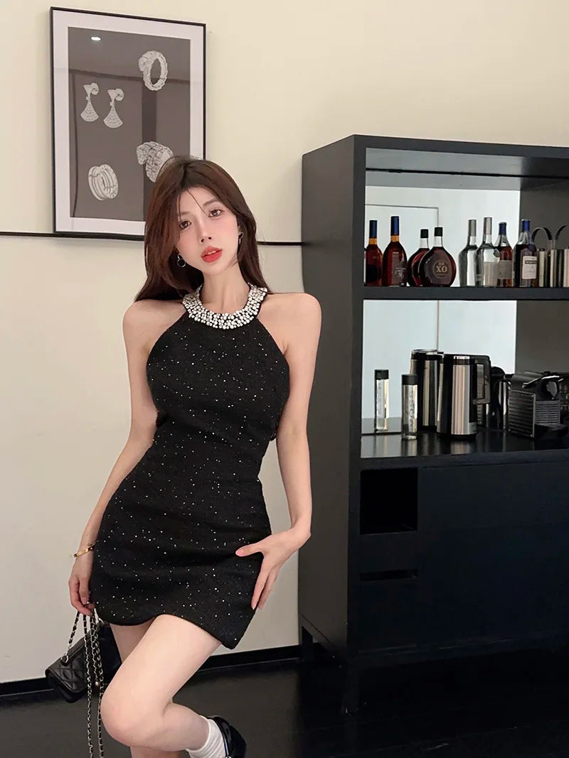 Trendy Small Fragrance Tweed Mini Dress Pearl Decoration Halter Sleeveless Dress Elegant Slim Fit Waist Dresses 2024 Summer New