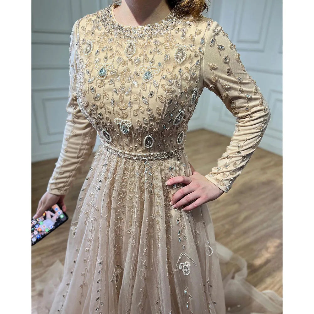 Serene Hill Peach Long Sleeves A-line Muslim Evening Dresses Luxury Beaded Dubai Wedding Party Gowns 2024 For Women GLA71803C