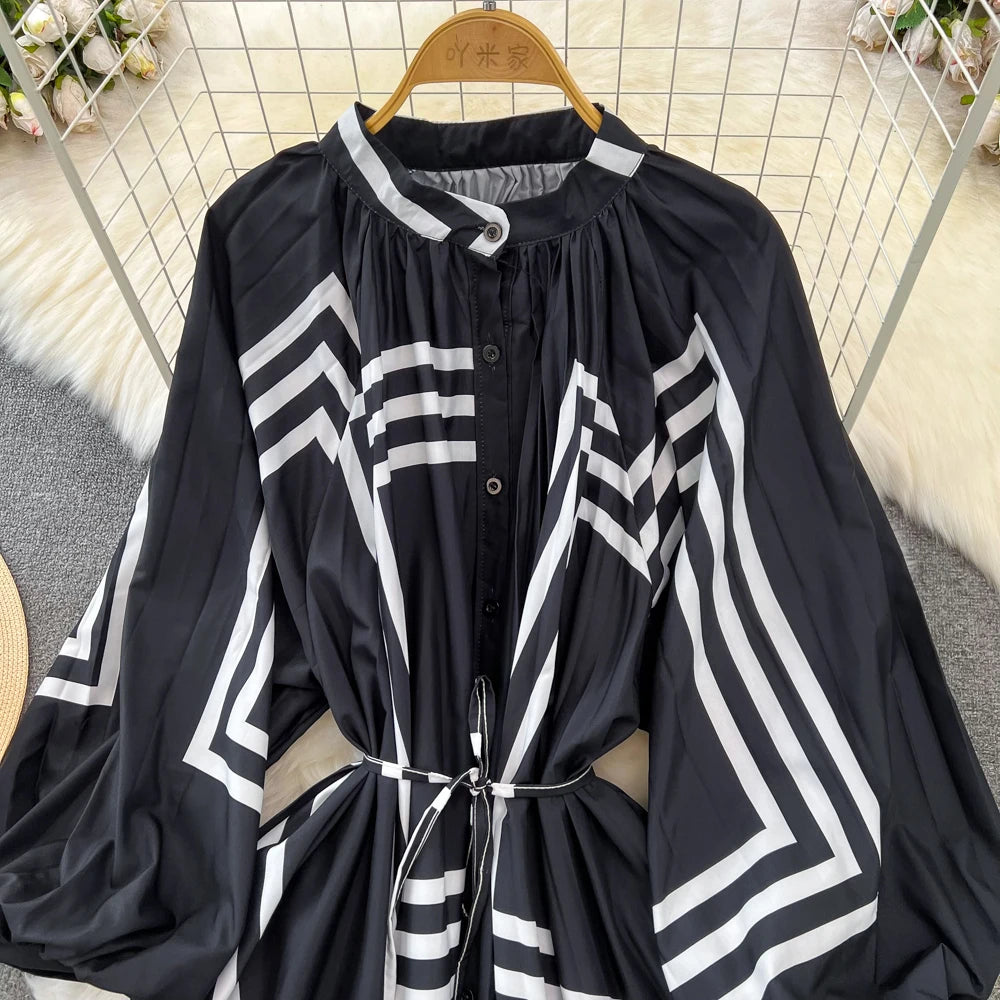 Elegant Women Casual Floral Print Party Dress Vintage Lantern Sleeve A-Line Pleated Prom Birthday Clothes Female Fashion Robe