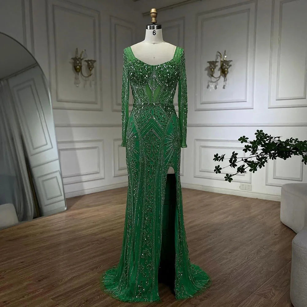 Serene Hill 2024 Women Wedding Parties Dubai Arabia Luxury Beaded Evening Dresses Gowns Green Elegant Split Mermaid LA72518