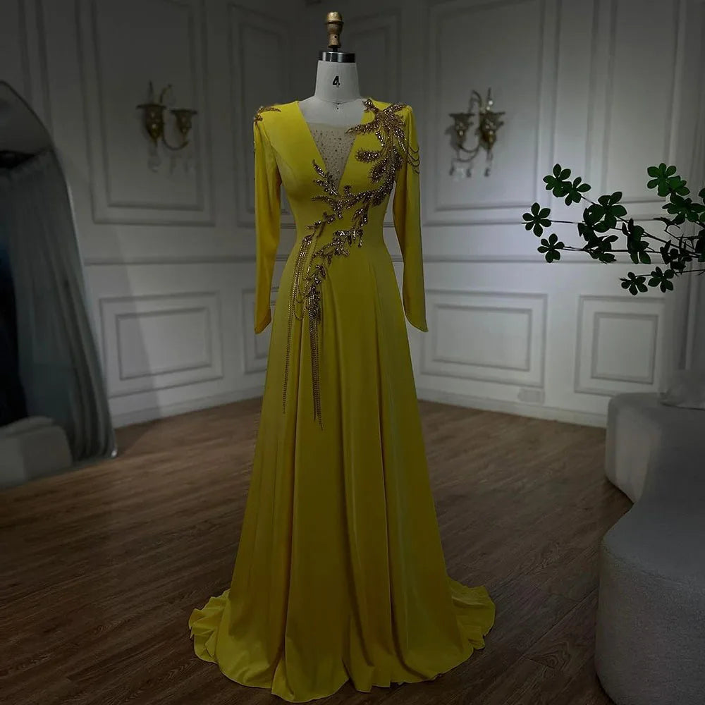 Serene Hill Luxury Dubai Arabic Yellow Mermaid Elegant Tassel Beaded Evening Dresses Gowns For Women Wedding Party 2024 LA72555