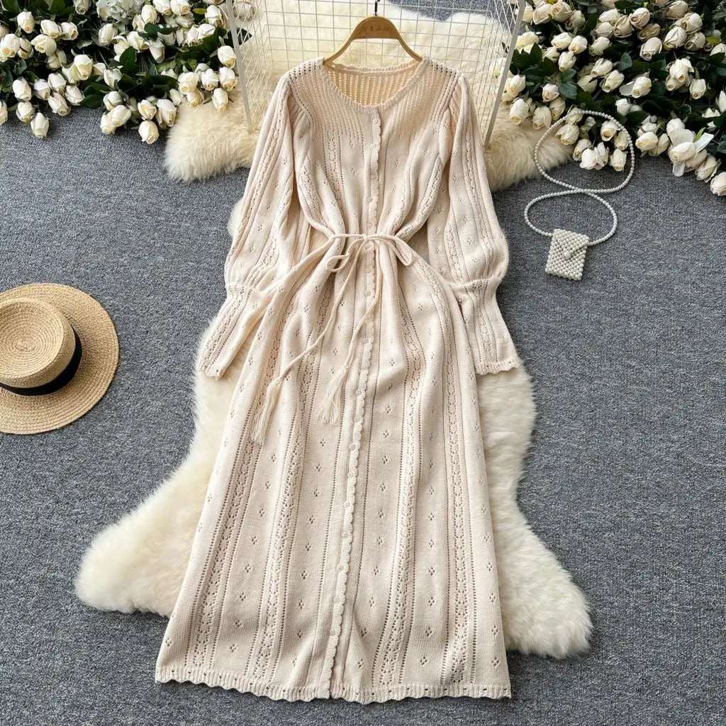 Elegant Autumn Solid Knitted Dresses for Women Sweet Hook Flower Hollow Strap A-line Korean Fashion Casual Vestidos Mujer New