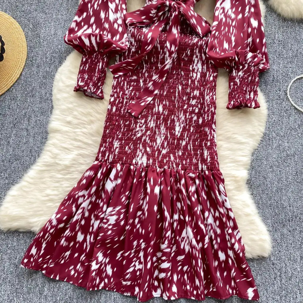 Women Casual Vintage Print Ruffle Long Dress Autumn Elegant V Neck Lantern Sleeve Party Mermaid Dresses Holiday Female Mujer New