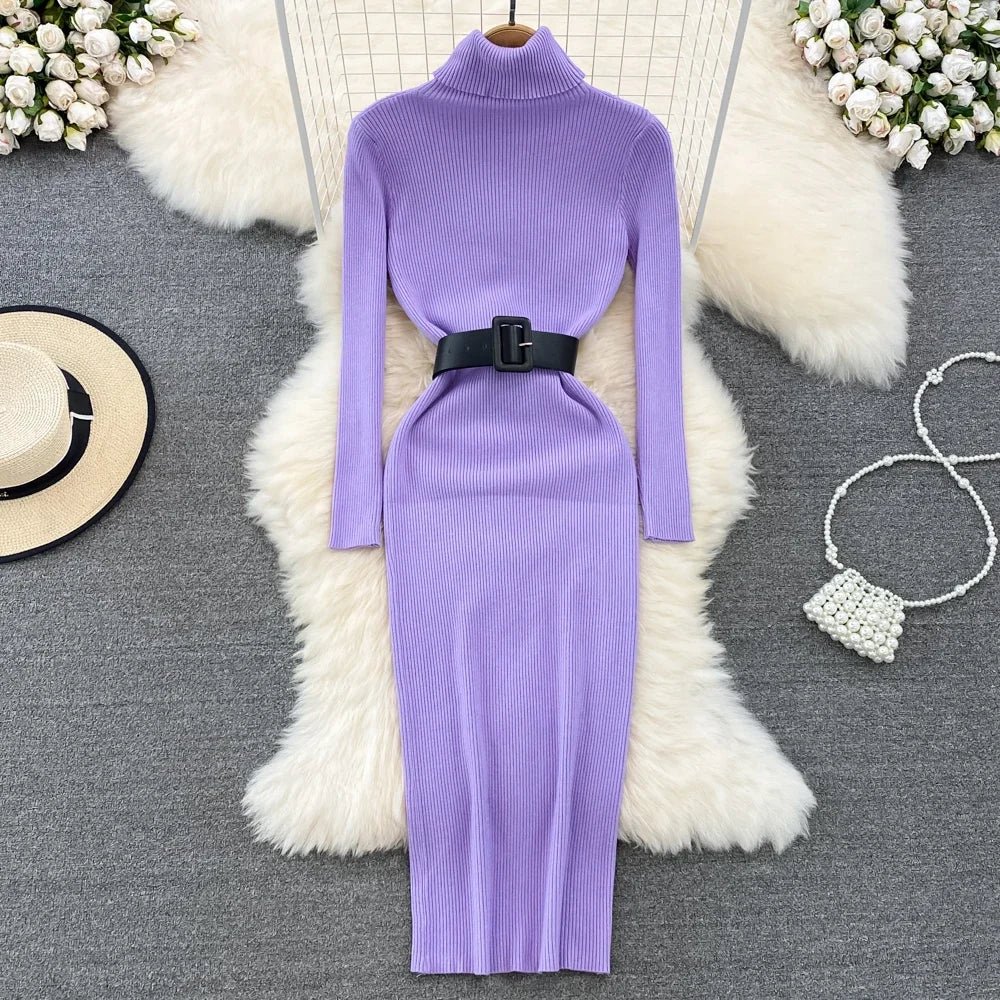 Elegant Turtleneck Long Sleeve Knit Soft Tight Pencil Dress with Belt Slim Fashion Warm Sweater Vestido Sexy Women Winter Robe