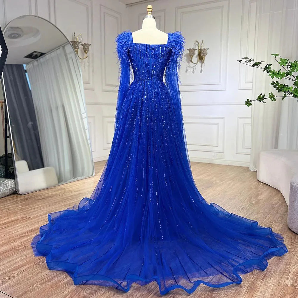 Serene Hill Luxury Dubai A Line Blue Cape Sleeves Feathers Beaded Evening Dresses Gowns 2023 For Women Wedding Party BLA72236