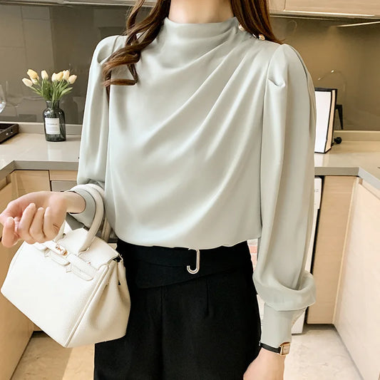 Autumn New Women's Style Stand up Collar Pleated Long Sleeve Top Fashion Lantern Sleeve Loose Elegant Solid Color Shirt Blouse