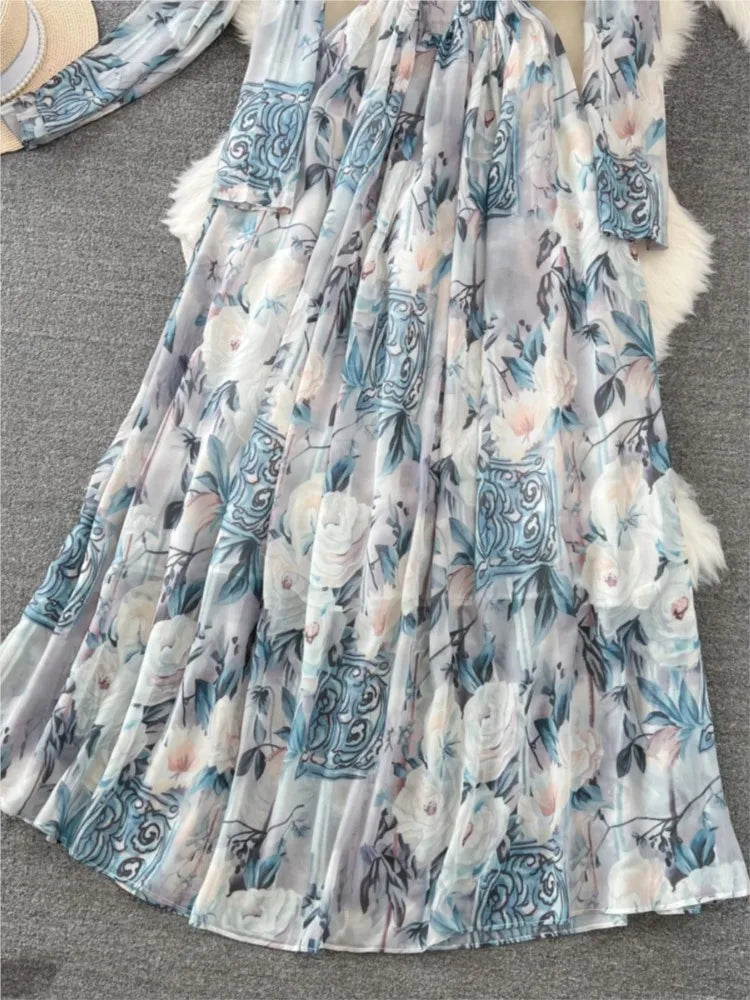 Elegant Chic A-Line Women Autumn Dress Long Sleeve Casual Floral Print Vintage Beach Holiday Vestidos Female Lace-up Robe Mujers