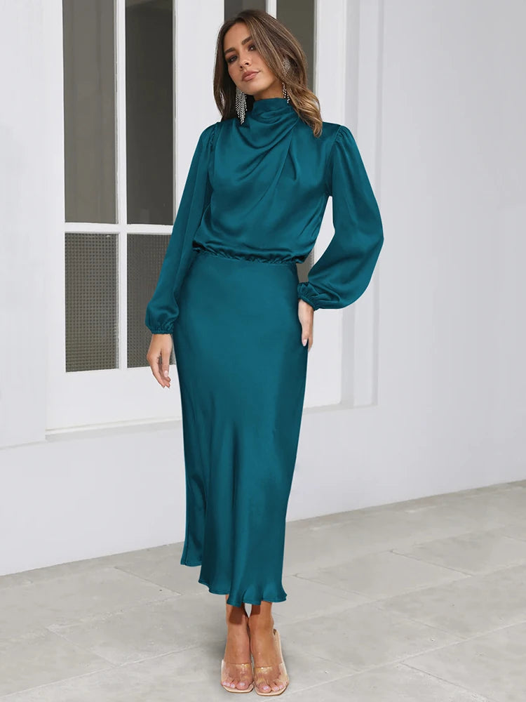 Spring Summer New High-End Satin Long Sleeved Dress Women's Ladylike Elegant Evening Dress Party Clothes Celebrity Dresses