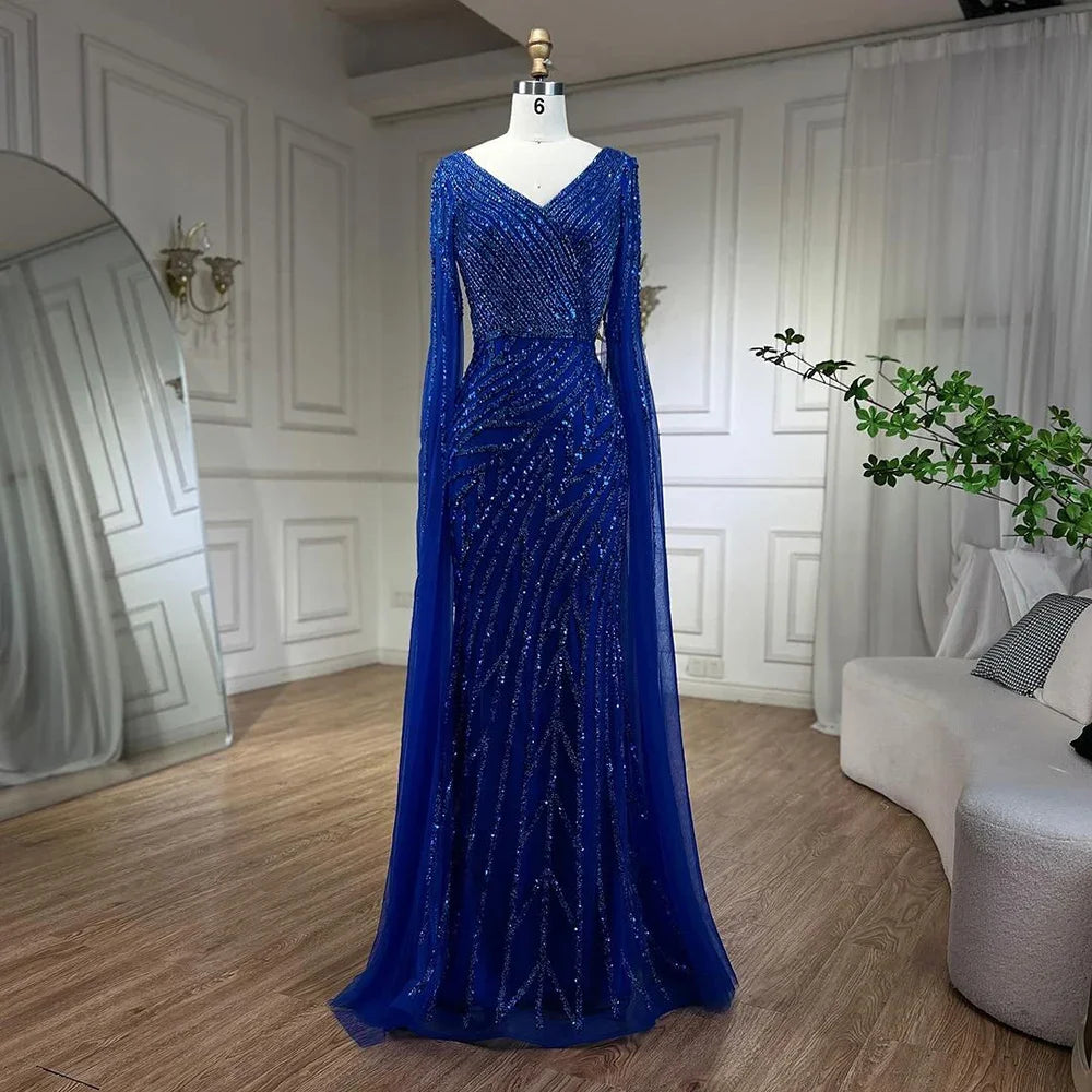 SERENE HILL 2024 Arabic Dubai Caramel Mermaid Luxury Beaded Evening Dresses Cape Sleeves Gowns For Women Wedding Party GLA71493A