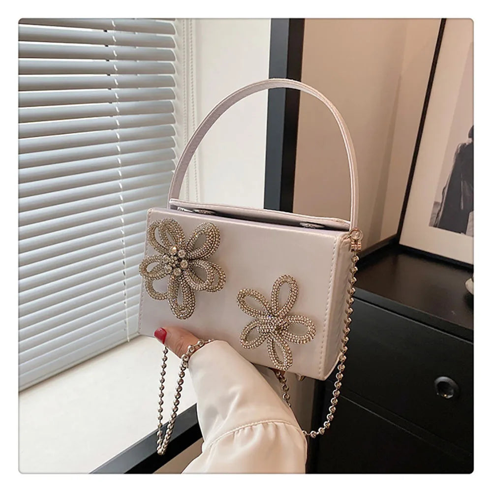 Light Luxury High-Grade Women Chain Crossbody Bag Korean Design Sense Diamond Flower New Pop Handbag Fashion Box Mini Square Bag