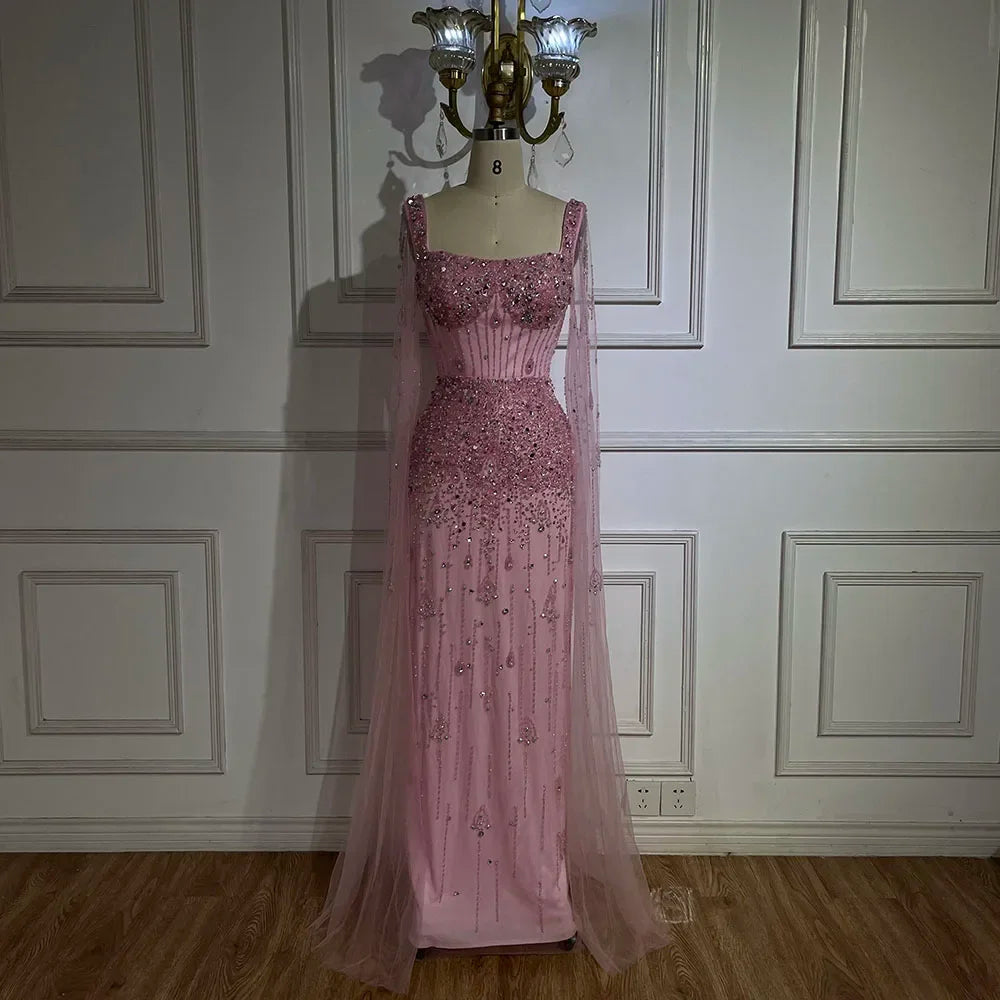 Serene Hill Arabic Gray Mermaid Beaded Luxury Dubai Long Evening Gown with Cape Sleeves Elegant for Women - Party 2024 BLA72592