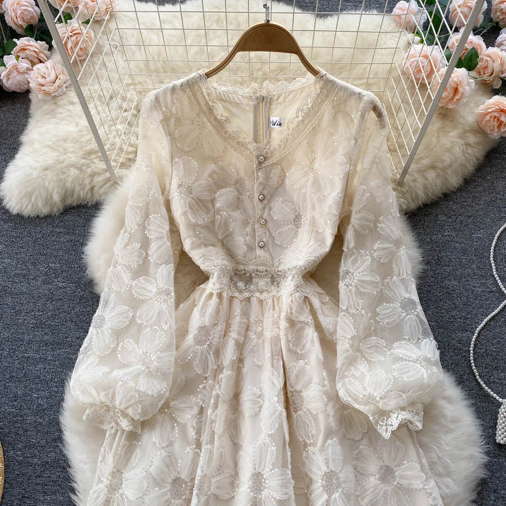 Elegant and Chic Women Fashion Lace Midi Party Dress Spring Vintage A-Line Solid Birthday Prom Vestidos Female Clothes Robe New