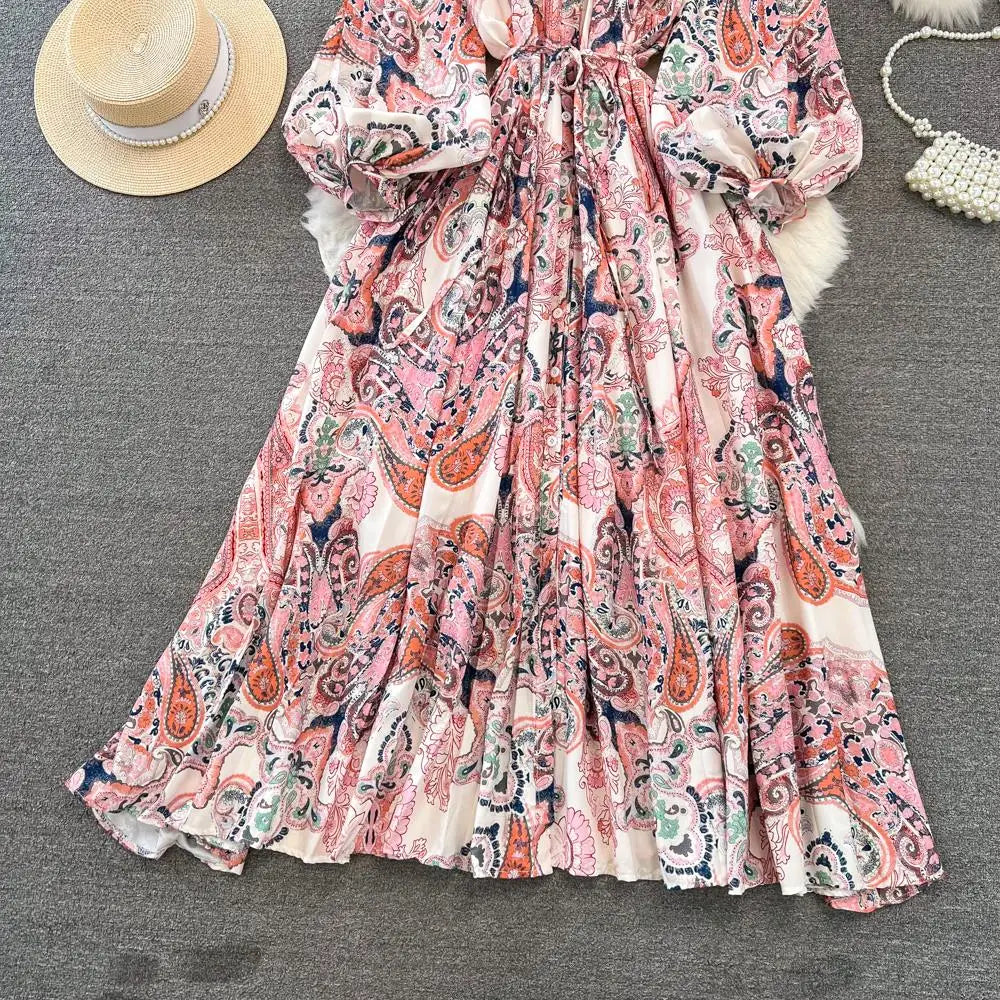 Elegant Women Casual Floral Print Party Dress Vintage Lantern Sleeve A-Line Pleated Prom Birthday Clothes Female Fashion Robe