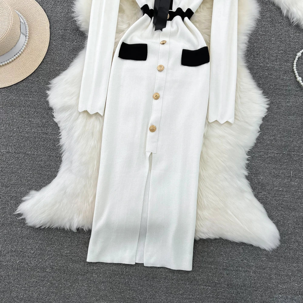 Women Elegant Butterfly Long Sleeve Bodycon V Neck Split Dress Vintage French Slim Knit Tight Vestido Autumn Winter Sweater Robe