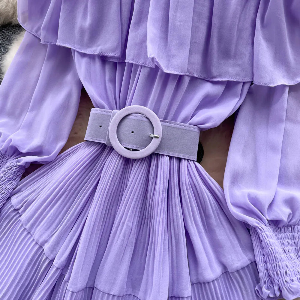 Vintage Pleated Slash Neck Off Shoulder High Waist  Dress Long Sleeve  Dress Chic Summer Beach Vestidos Women Vacation Sundress