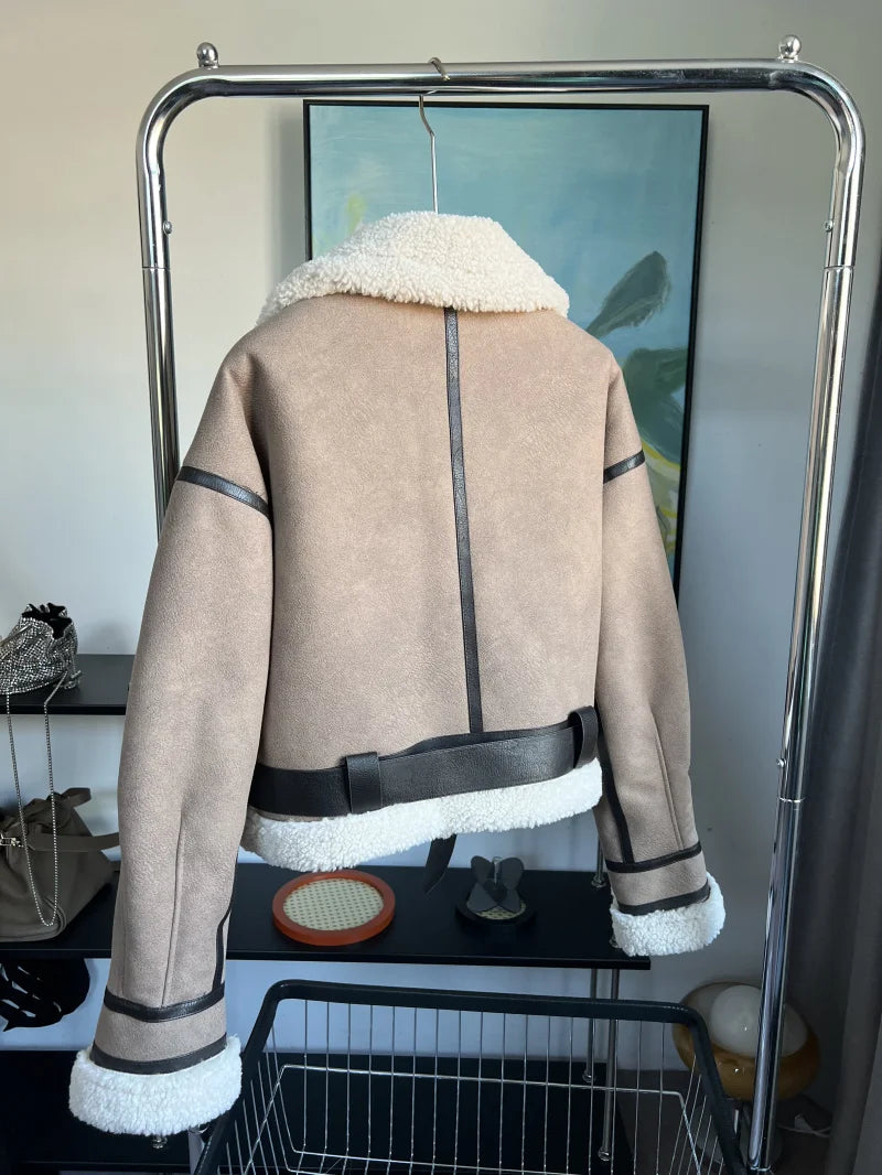 2024 TRAF New synthetic sheepskin women's Coat Thickened thermal bomber Jacket Y2K lapel vintage winter fashion