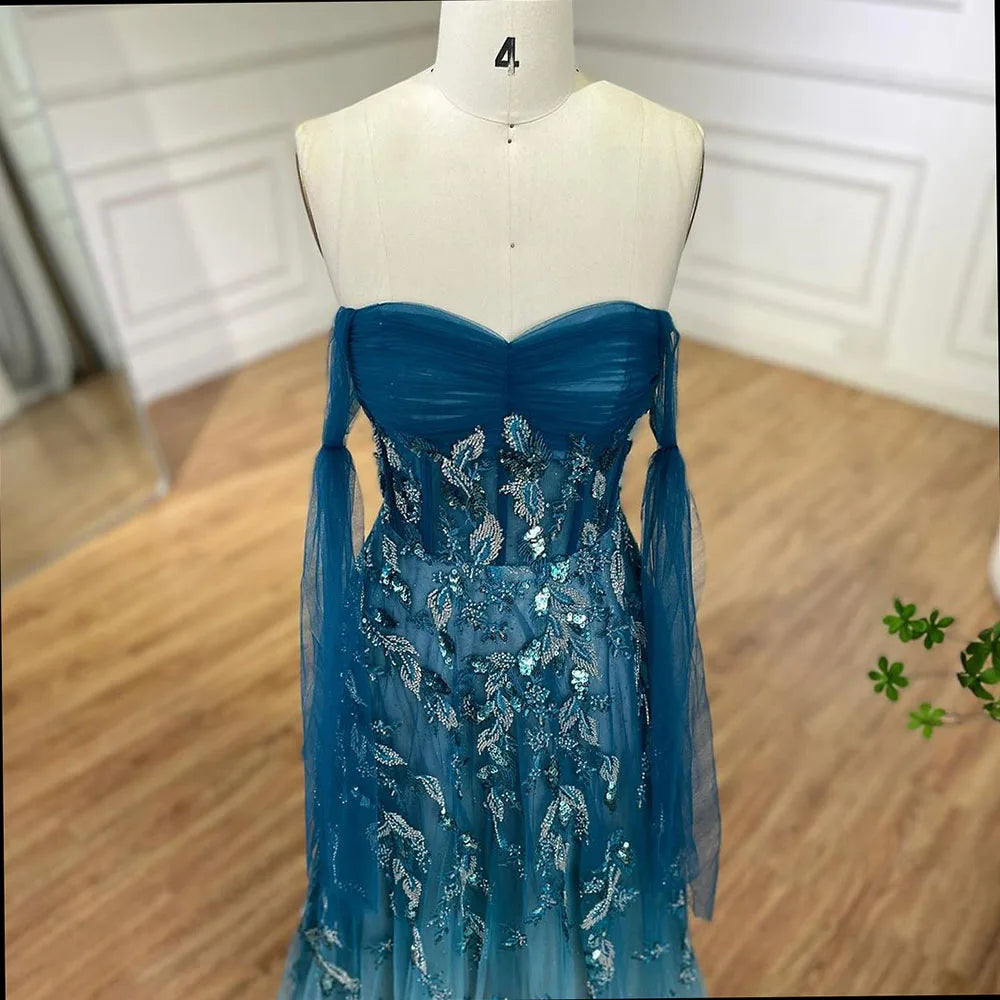 Serene Hill Arabic Green A-Line Elegant Strapless Beaded Long Evening Dresses for Women Party 2024 LA72520