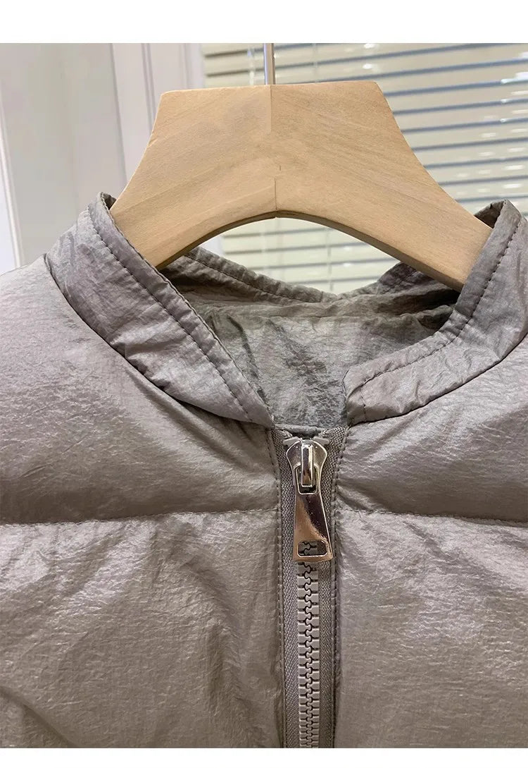 Women's Trendy Down Jacket Vest Winter Chic Sleeveless Zip Coat Round Neck Cropped Warm Waistcoat Female Spring 2024 New