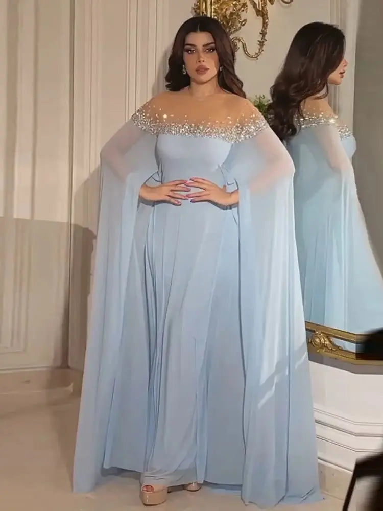 Serene Hill 2024 Arabic Luxury Crystal Dubai A-Line Baby Blue Evening Dress with Elegant Kaftan for Formal Occasion LA72766
