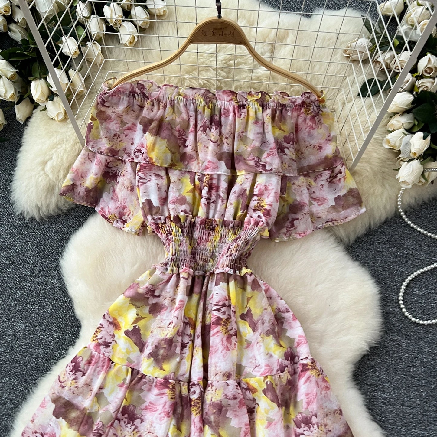 French Vintage  off shoulder short sleeve ruffle Dress Chic Casual Beach Vacation Women Summer chiffon dresses