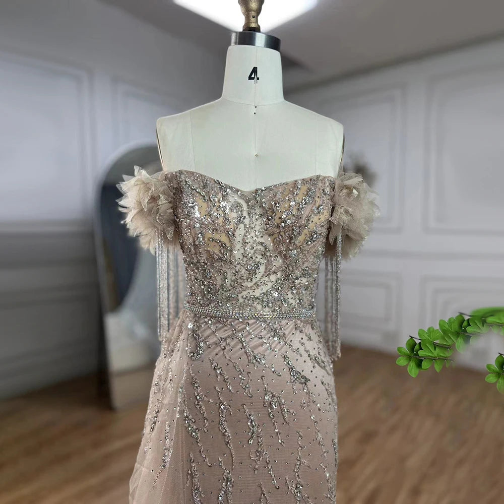 Serene Hill Arabic Dubai Nude Mermaid Luxury Evening Dresses Gowns Boat Neck Beaded Tassel For Women Wedding Party 2024 LA72260