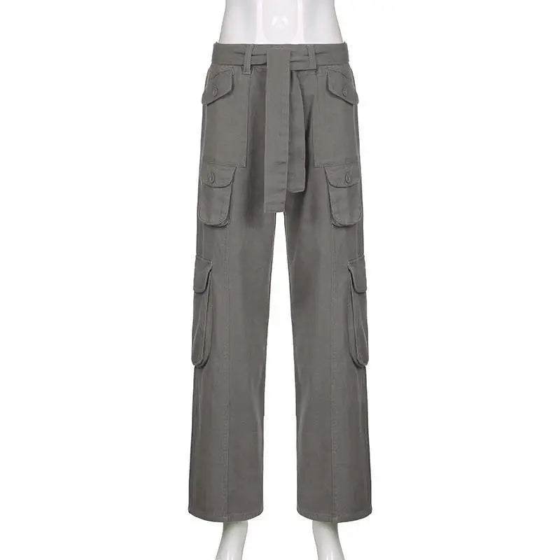 Women's High Waist Cargo Pants with Lace Belt Street Multi Pocket Straight Leg Casual Trousers Spring Autumn New Y2K Vintage
