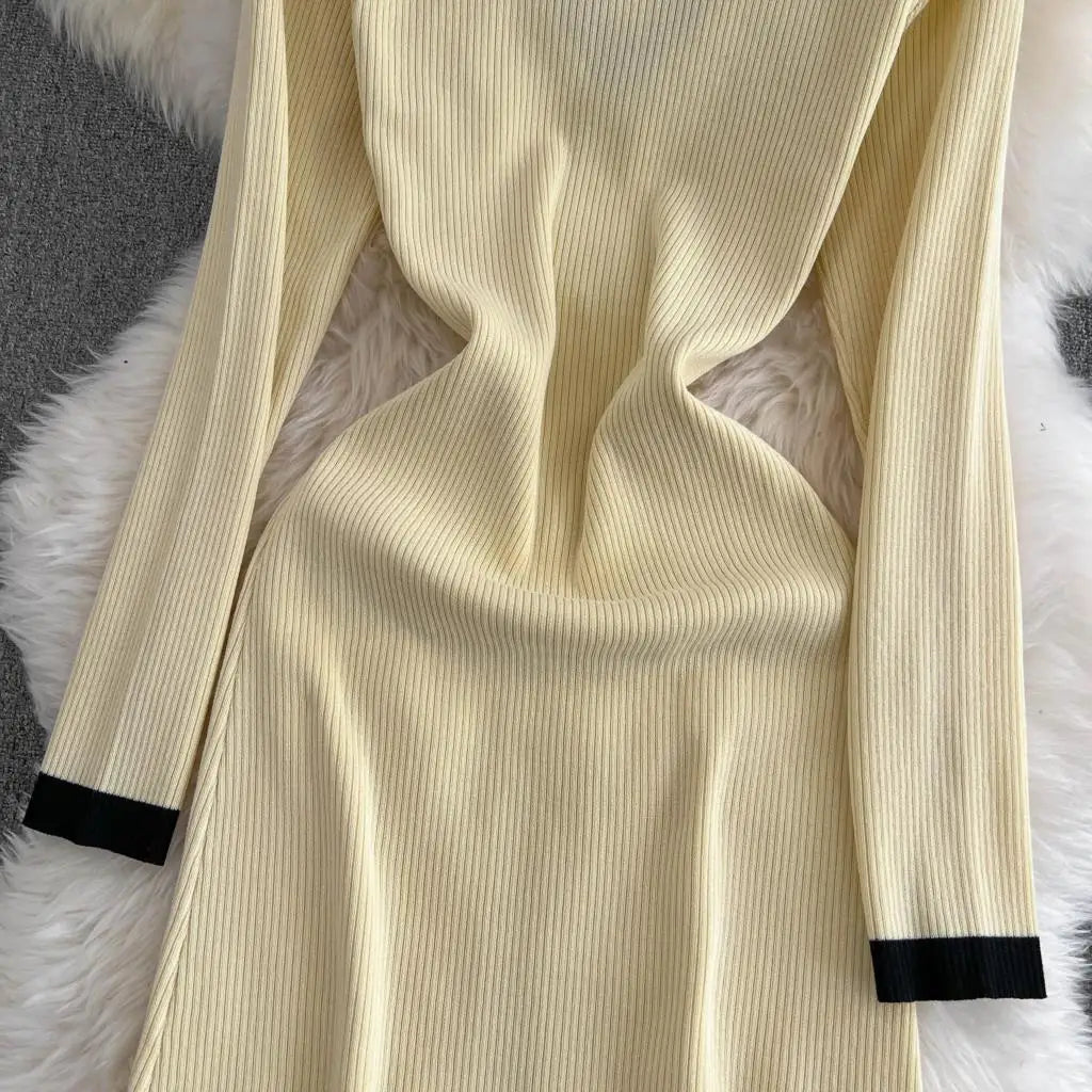 Elegant Women Fashion Casual Bodycon Knitted Dress Vintage Single Breasted Party Birthday Prom Vestidos Female Clothes Long Robe