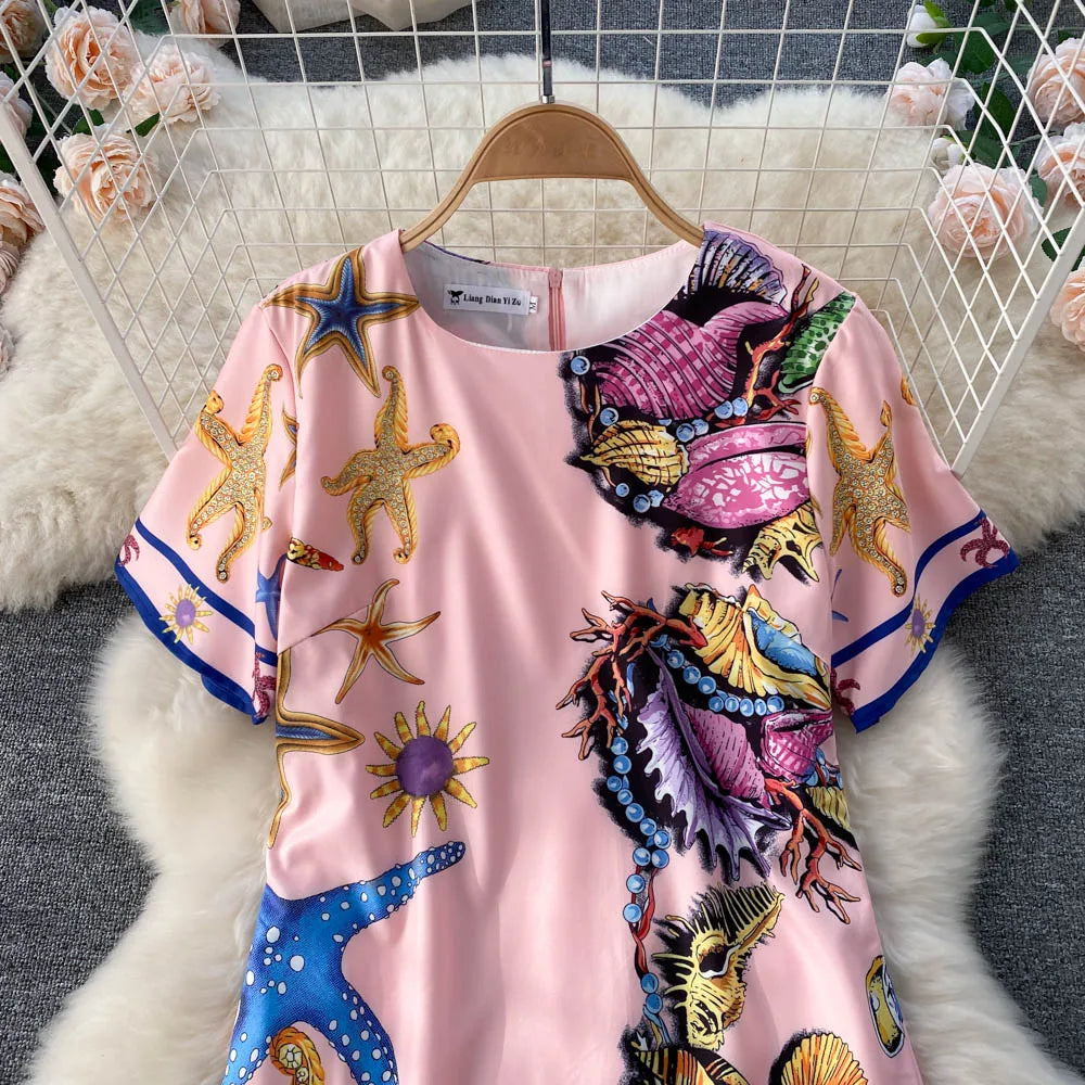 Summer Dresses Fashion Women Clothing 2023 Wedding Party Elegant Vintage Print Dress Round Neck Short Sleeve Straight Mini Dress