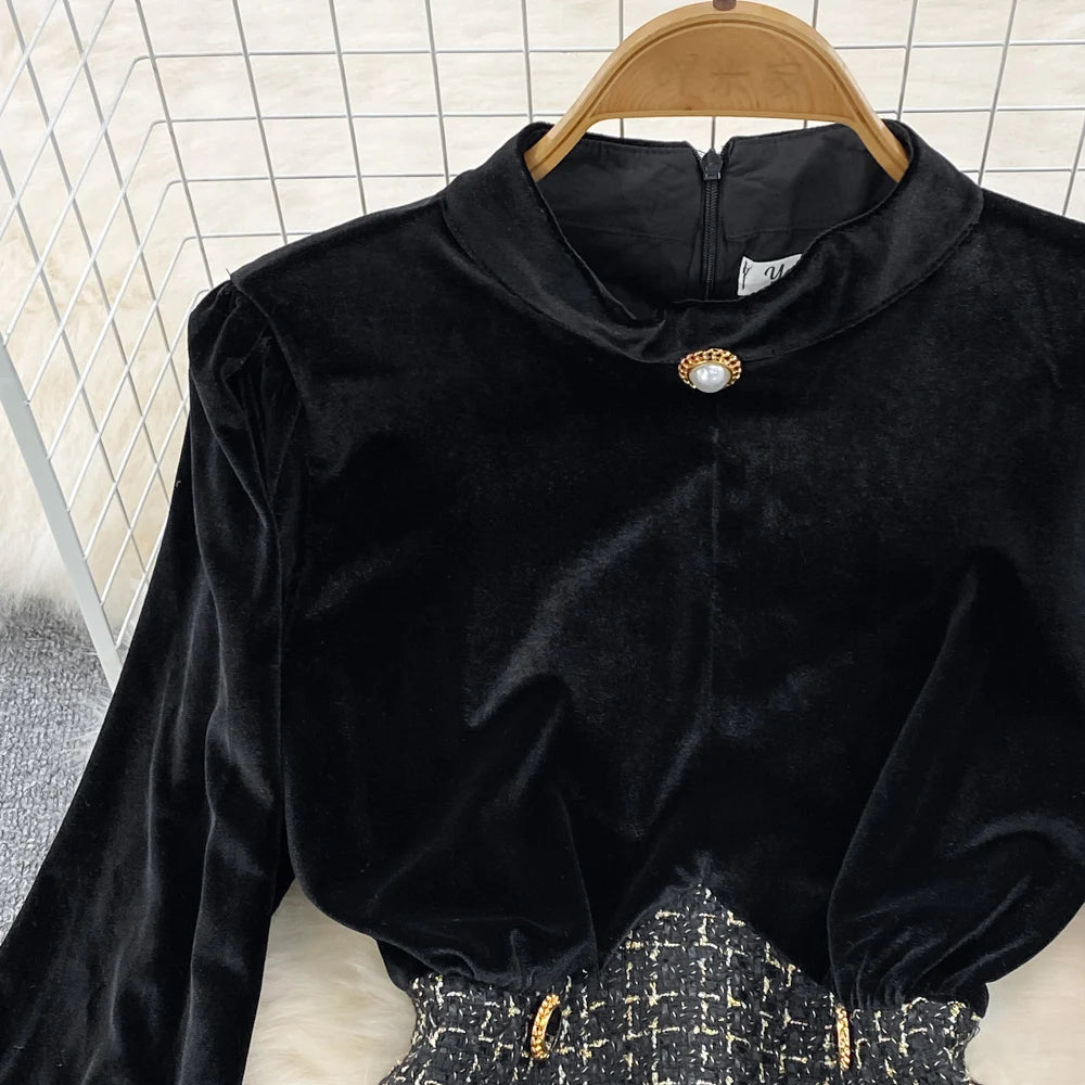 2024 Autumn Winter Vintage Dress Stand Up Collar Gold Velvet Long Sleeved Dress Patchwork Coarse Tweed A-line Dress