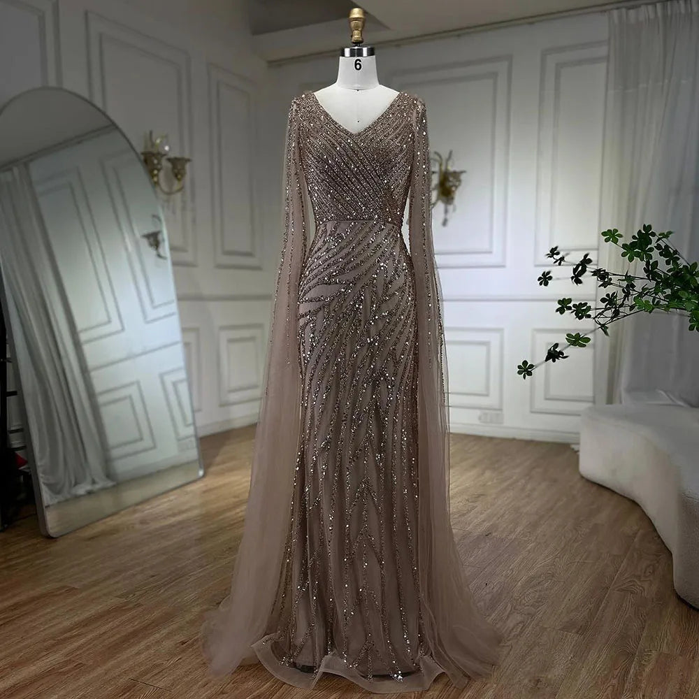 SERENE HILL 2024 Arabic Dubai Caramel Mermaid Luxury Beaded Evening Dresses Cape Sleeves Gowns For Women Wedding Party GLA71493A