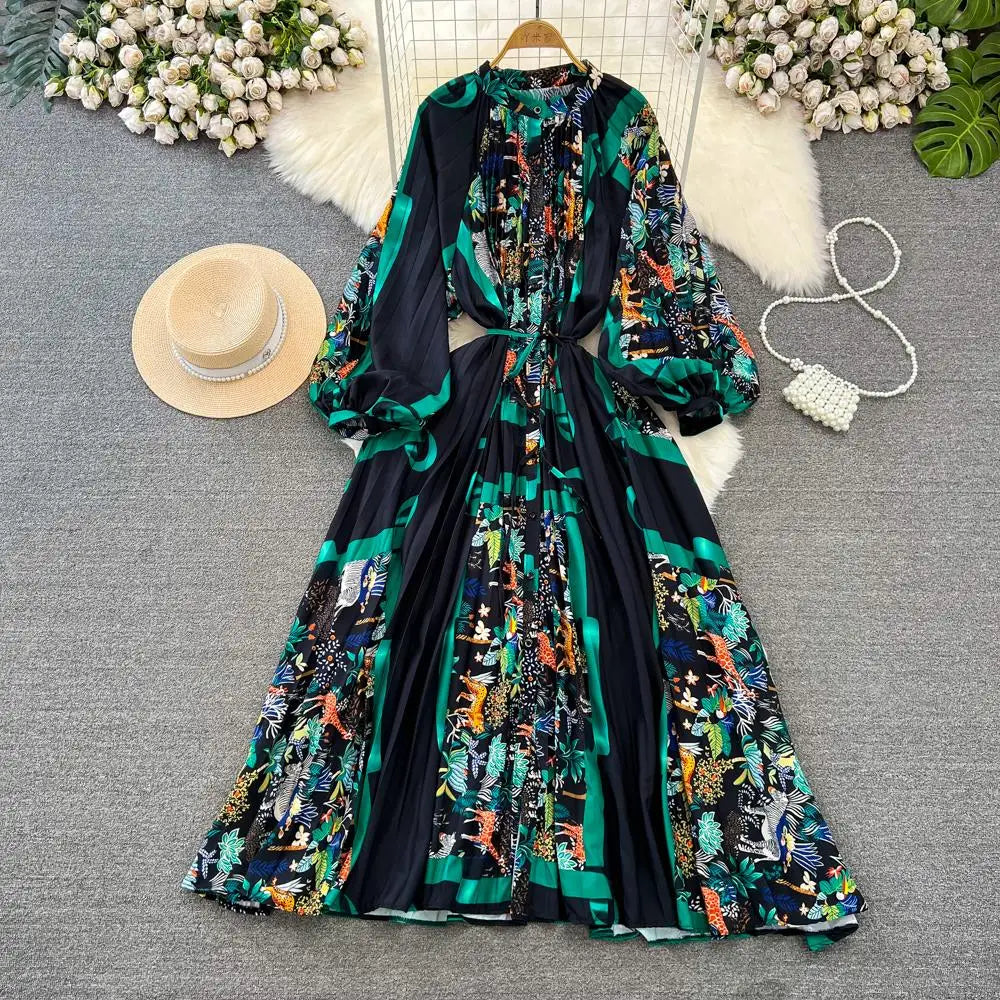 Elegant Women Casual Floral Print Party Dress Vintage Lantern Sleeve A-Line Pleated Prom Birthday Clothes Female Fashion Robe