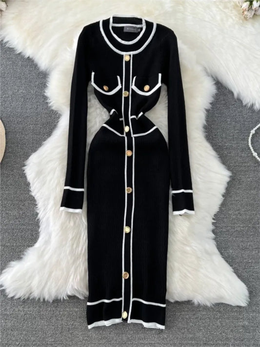 Women Elegant Bodycon Slim Party Knitted Dress Long Sleeve O-Neck Vintage Chic Prom Birthday Vestidos Autumn Female Long Robe