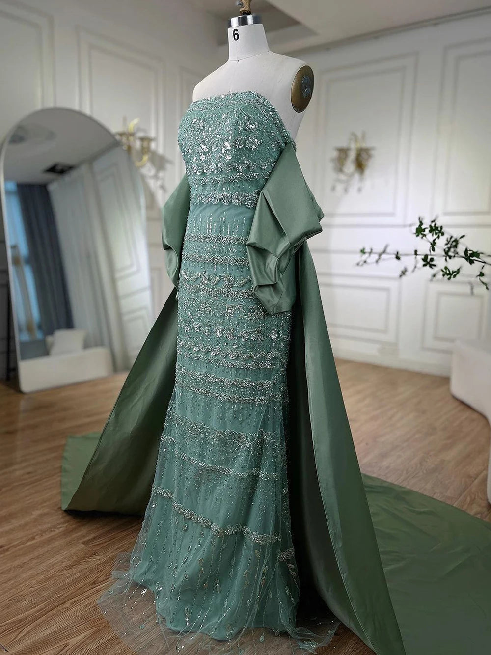 Serene Hill-Sage Green Mermaid Evening Dresses for Women, Strapless, Elegant, Sexy, Beaded, Wedding Party, 2023, BLA72126