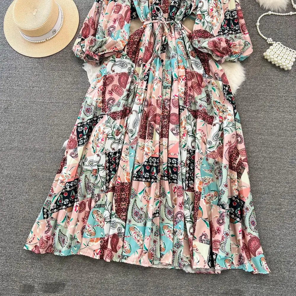 Elegant Women Casual Floral Print Party Dress Vintage Lantern Sleeve A-Line Pleated Prom Birthday Clothes Female Fashion Robe