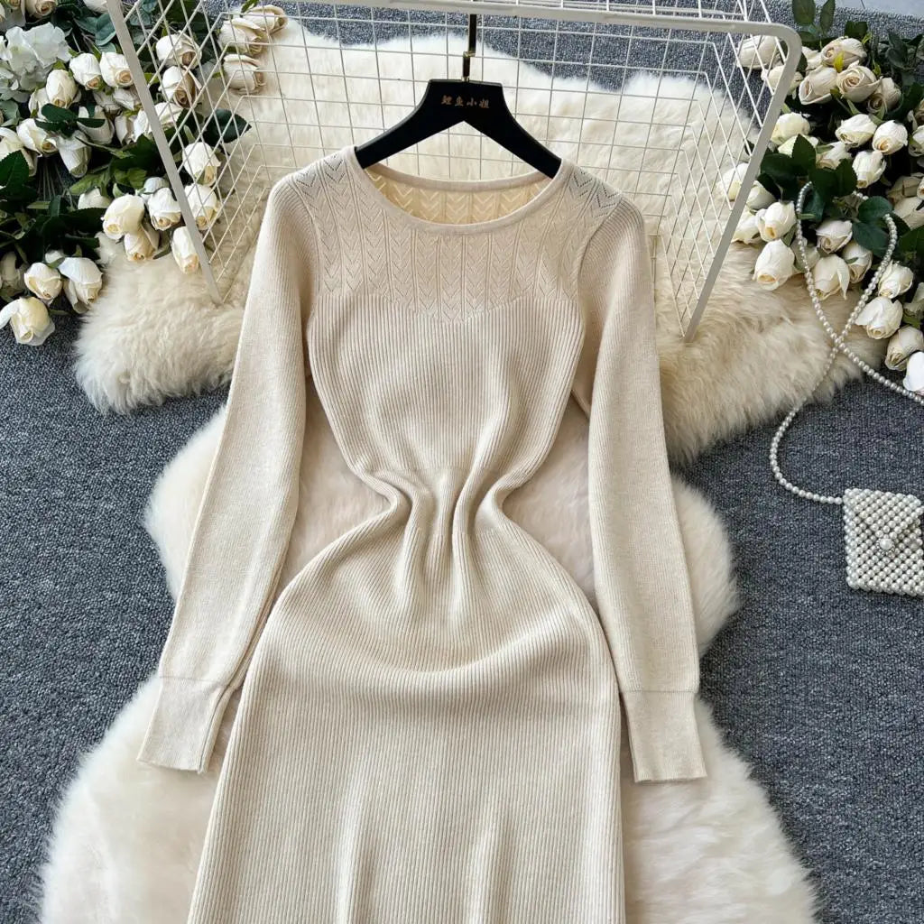 Elegant Solid Knitted Dress for Women Autumn French Vintage O-Neck Long Sleeve Fashion Evening Party Sweater Slim Midi Dresses