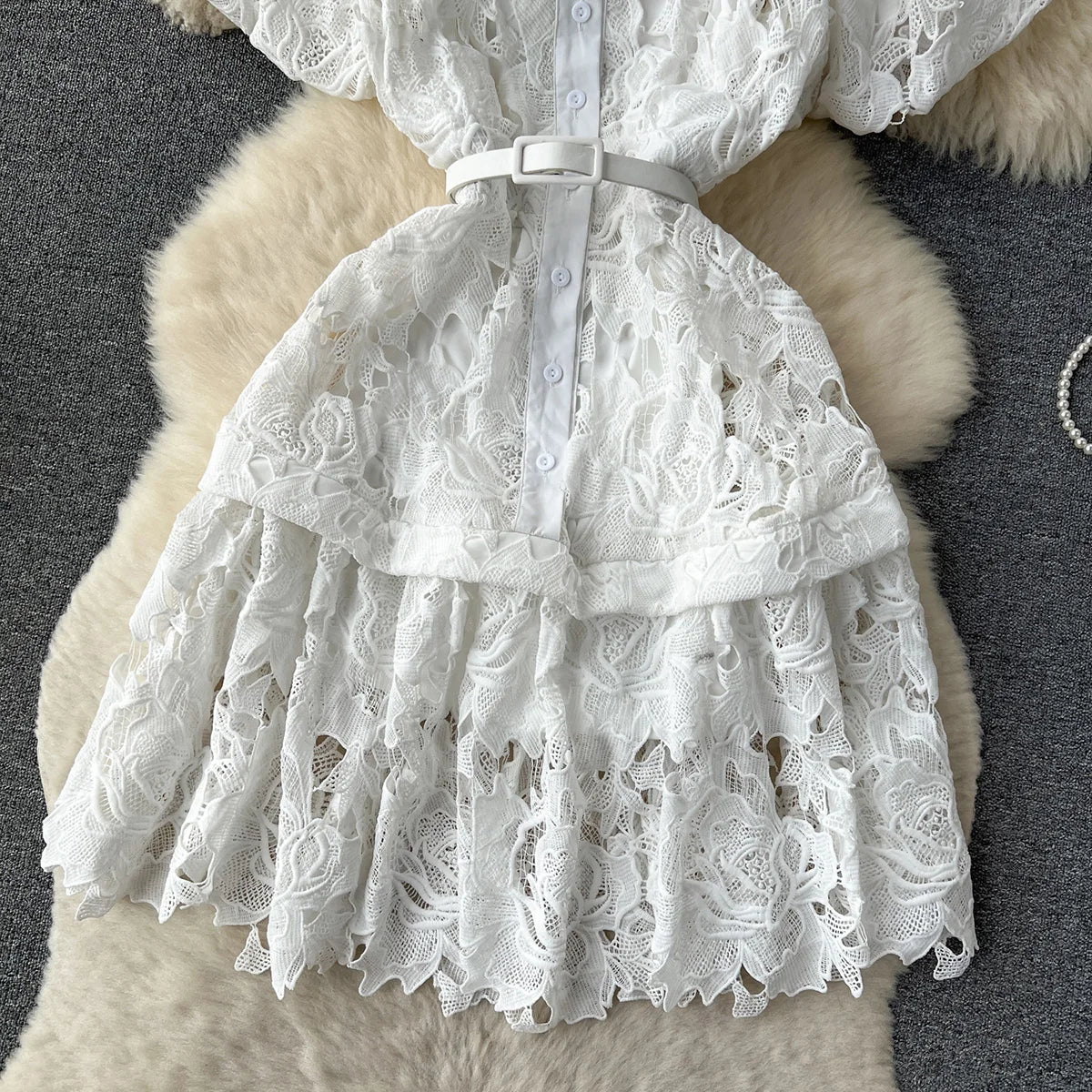 Summer Dresses For Women 2023 Luxury Party Elegant Openwork Embroidery Lace Dress Short Puff Sleeve White Mini Dress With Belt