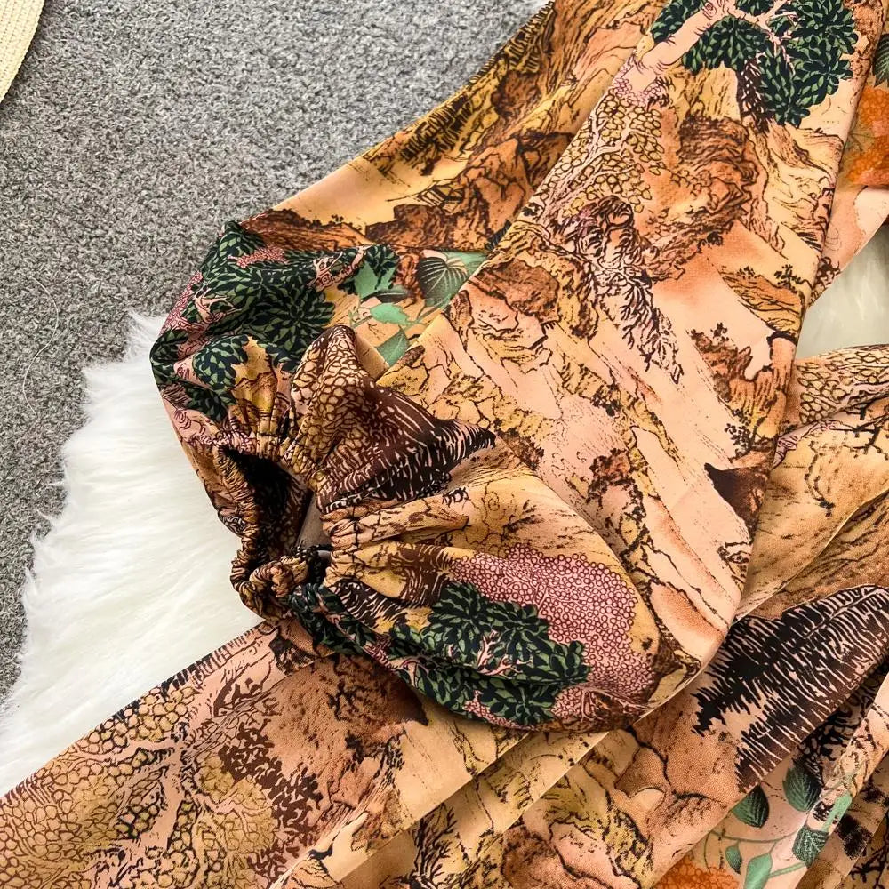 Elegant Casual A-Line Vintage Ruffle Print Long Dress Autumn Lantern Sleeve Party Boho Dresses Beach Holiday Female Vestidos