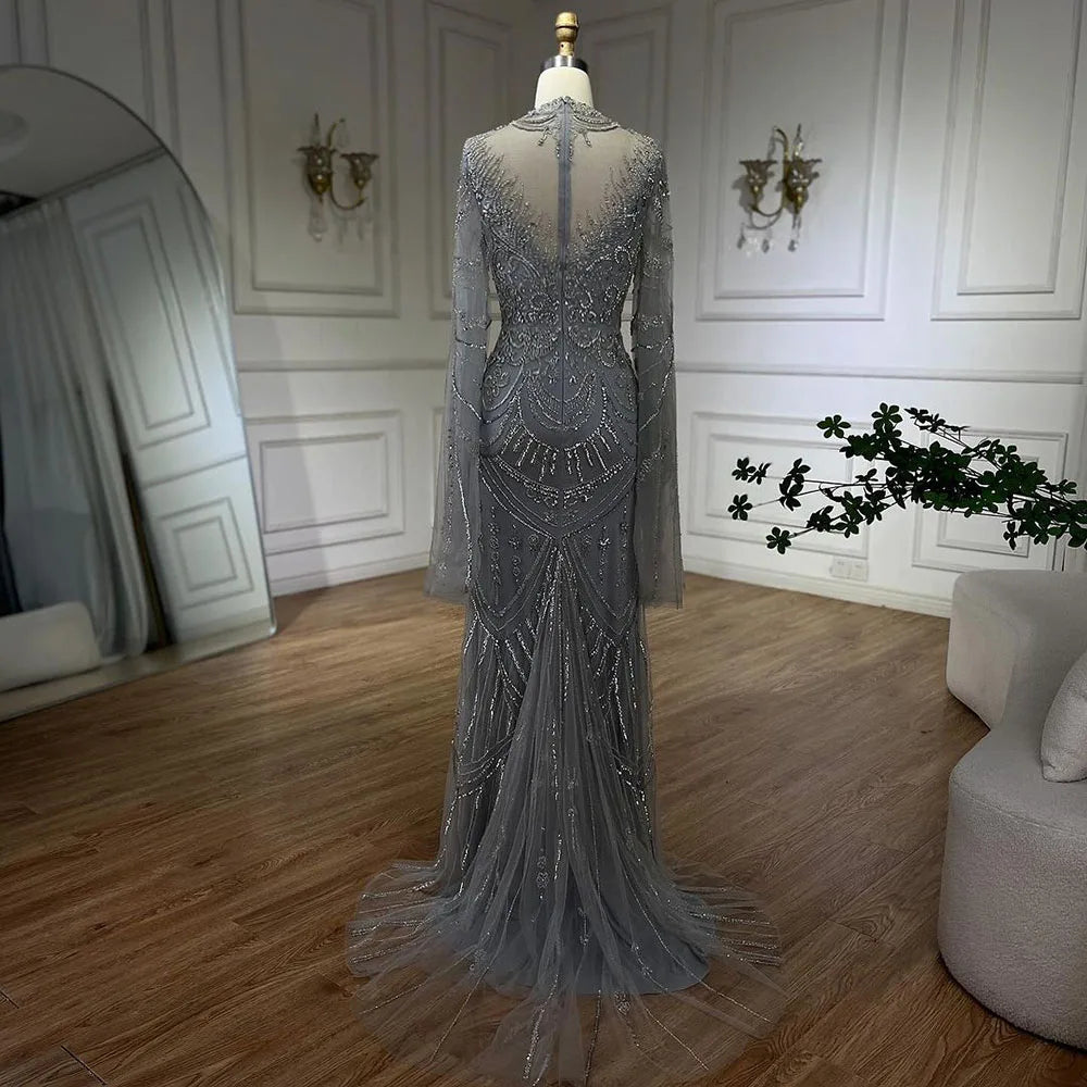 Serene Hill Dubai Gray Elegant Mermaid Beaded Lace Arabic Luxury Evening Dresses Gowns 2024 for Women Wedding Party LA72517