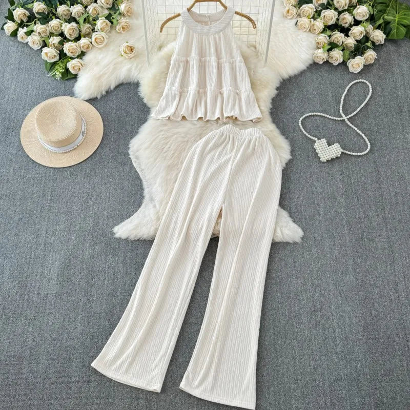 Summer Women Fashion Elegant Casual Pantsuit Halter Vintage Crop Tops Wide-Leg Pants Two Pieces Set Female Party Clothes New