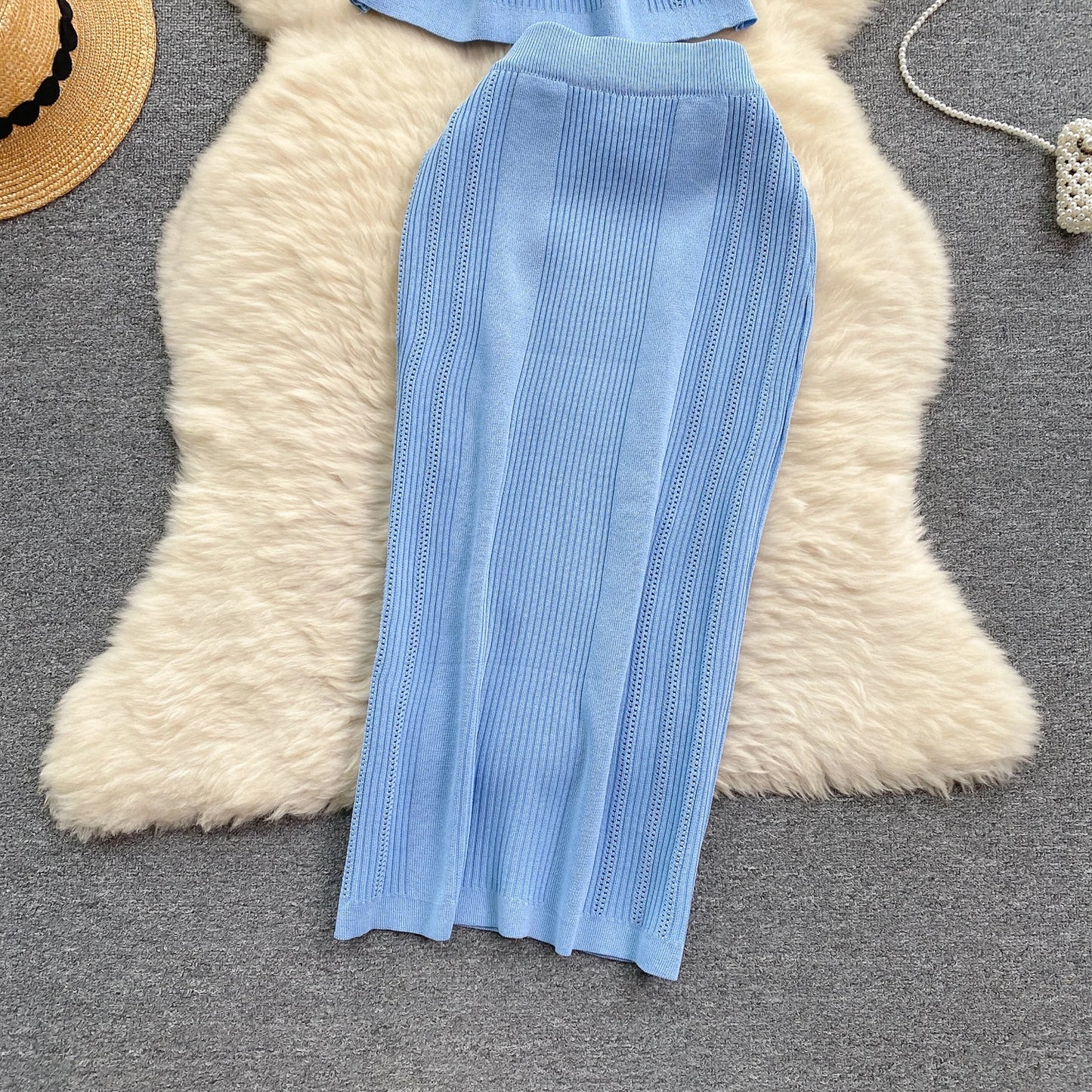 Women Chic Two Pieces Sets High Waist Sexy Pencil Wrap Pencil Skirt with Short Sleeve Knit Pullover Slim Fashion Sweater Set