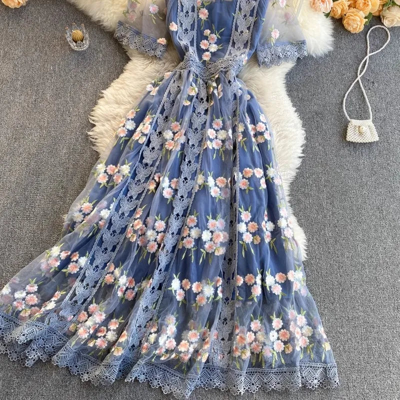 Elegant Mesh Embroidery Dress Women Korean Fashion Summer O Neck Short Sleeve Long Mesh Dress Party Vestidos