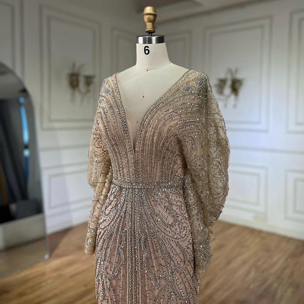 SERENE HILL 2024 Arabic Gold Elegant Mermaid Black Luxury Beaded Evening Dresses Gowns Diamond For Women Wedding Party GLA72288A