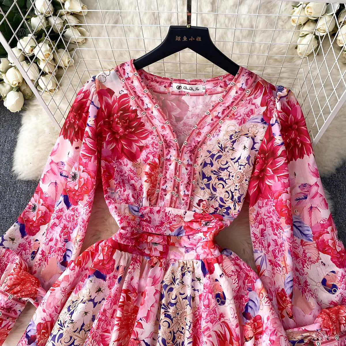 Short Dresses 2023 Fashion Women Clothing Party Elegant Vintage Floral Print Dress Womens V Neck Long Sleeve Mini Vacation Dress